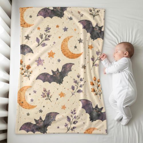 Celestial Bat Baby Blanket, Halloween Baby Blanket, Newborn Gift, Gender Neutral Baby Gift, Boho Nursery Decor, Moon & Stars Throw