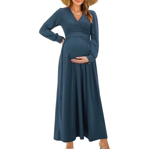 OUGES Women's Wrap Pregnancy Maxi V Neck Fall Baby Shower Maternity Dress