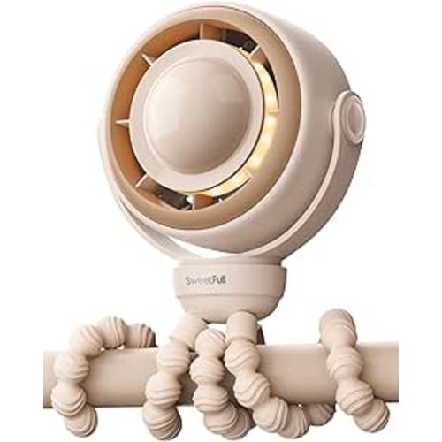 SWEETFULL Baby Stroller Fan - 4000mAh Rechargeable 4-Speed Quiet with LED Display & Night Light, Mini Portable 360° Clip On Safe Fan for Car Seat, Crib, Travel - Brown