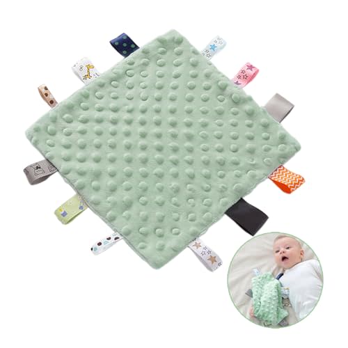 Baby Security Taggies Blankets Soothing Sensory Soft Comforter Blanket Infant Appease Towel Baby Loveys for Boys with Colorful Tags(Mint Green) Small Single