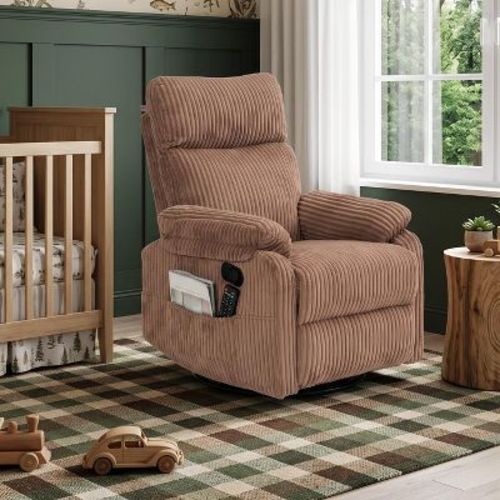 GDFStudio Caius 360° Swivel Corduroy Upholstered Rocking Recliner with Pull-Lever Footrest, Brown