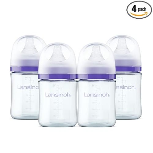 Lansinoh Anti-Colic Glass Baby Bottles, 5 Ounces, 4 Count Bottles for Feeding, Baby Essentials, Includes 4 Slow Flow Nipples, Size S
