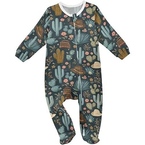 Baby One-Piece Footies Western Cactus Cowboy Sleeper Pjs Footed Bodysuit Rompers Zipper for Boys Girls 3M