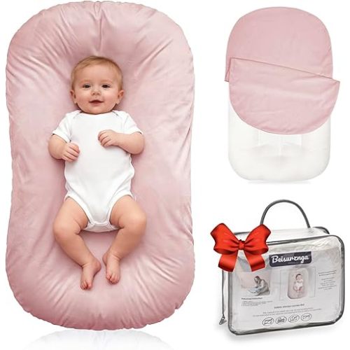 Baby Lounger for Newborn - Snuggle Cozy Me Lounger | Breathable Soft Cotton, 0-24 Months Portable Playtime Baby Nest, Newborn Baby Essentials Gifts- Pink (1 Lounger + 1 Cover)