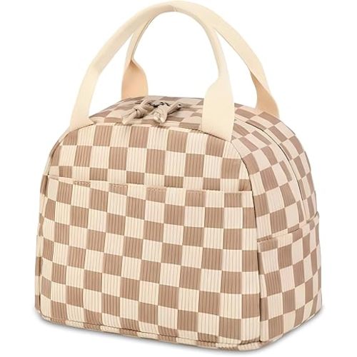 Lunch tote bag for women and men leak proof cute small corduroy tote bag Reusable Insulated easy to carry, keep cool and fresh, large capacity for office, park, picnic and travel (Checkered Brown)