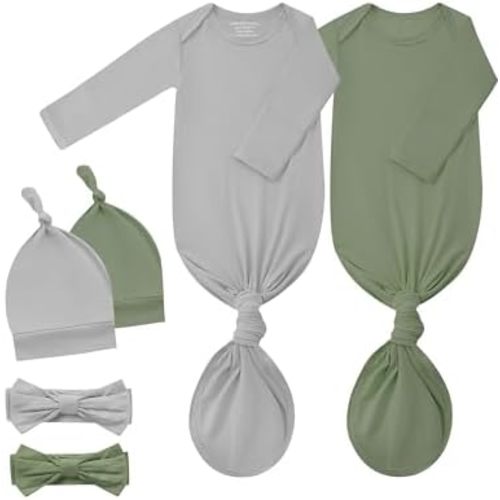 Newborn Knotted Gown 2Pack, Soft Breathable Baby Sleep Gown for Boys Girls, Infant Baby Coming Home Hospital Outfit