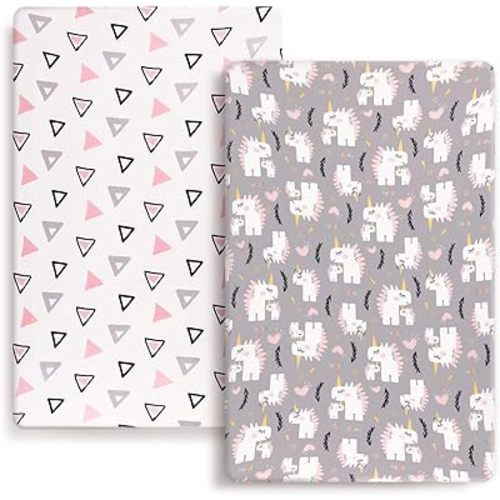 Stretchy Ultra Soft Jersey Knit Fitted Pack n Play Playard Sheets Set 2 Pack, Fits Portable/Mini Cribs Sheets, Playards Mattress Pads, Pink Simple Triangle/Dream Unicorn for Girls