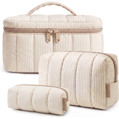 BAGSMART Travel Makeup Bag Set, 3 Pc Puffy Cosmetic Pouch, Khaki Strip