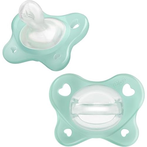 Chicco PhysioForma Dual Soft Orthodontic Pacifier, 0-2m | 100% Soft Silicone | Extra-Soft, Gentle on Baby’s Skin | One-Piece Design | Sterilizing Case | BPA Free | Seafoam, 2pk