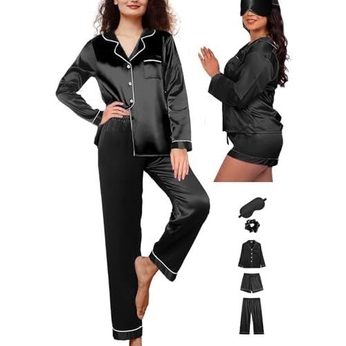 WJing Yi Jia 5Pcs XS-XXL Womens Silk Satin Pajamas Sets Long Pj Sets Button Down Pjs Set Loungewear Sleepwear