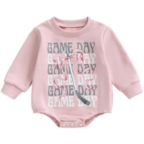 Newborn Infant Baby Girl Game Day Outfit Bows Hockey Onesie One Piece Long Sleeve Romper Winter Clothes