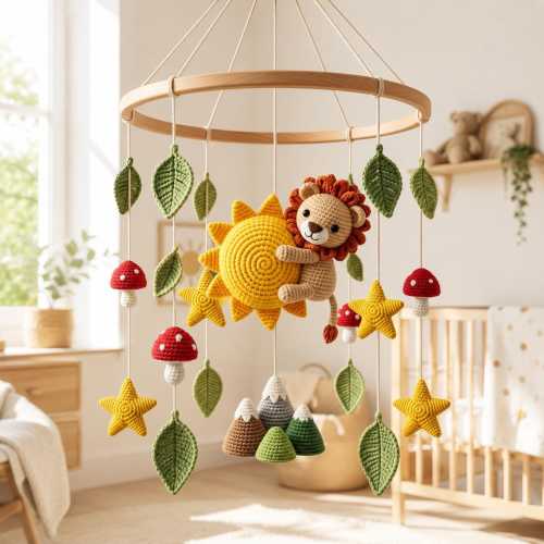Crochet Lion Sunshine Woodland Baby Mobile, Safari Animal Baby Shower Gift, Handmade Nursery Decor, Animal Decor Baby Gift Shower Gift