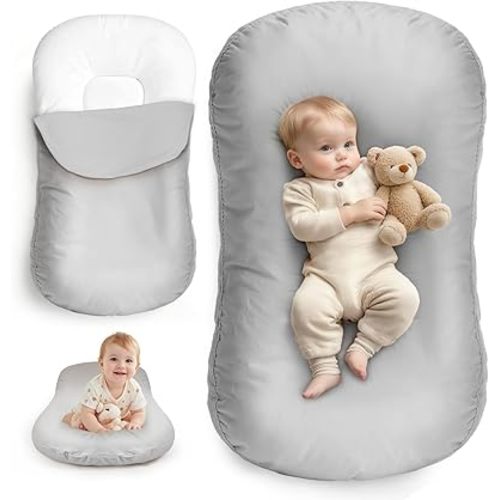 Baby Lounger for Newborn - Infant Support Cushion 0-24 Months, Organic Cotton Breathable XL Portable Floor Lounger for Tummy Time, Machine Washable Cover, Supervised Use, Essential Baby Gift (Gray)
