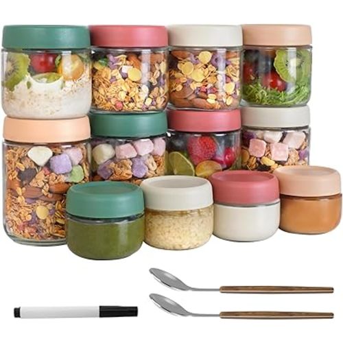 12Pack Glass Containers with Lids, 16oz, 8oz & 4oz Glass Jars with Airtight Lids