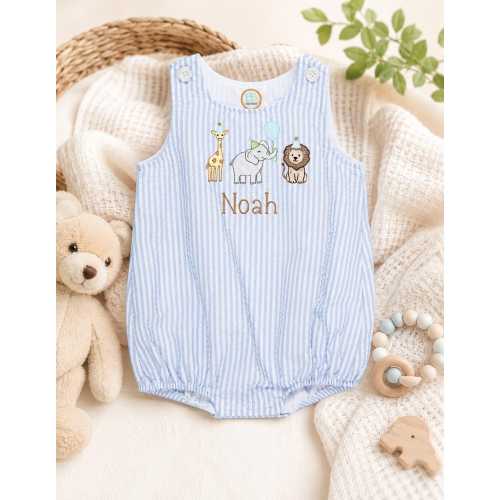 Custom Embroidered Baby Boy birthday animals Romper – Striped, Personalized Outfit, baby birthday outfit