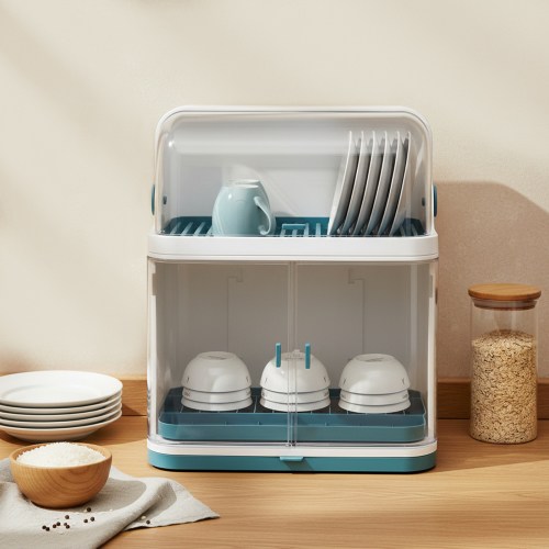 2-Tier Dish Drying Rack with Cover – Large Capacity Kitchen Dish Drainer with Removable Drip Tray, 44 lbs Heavy Duty Plastic Dish Rack with Transparent Dust Cover for Countertop