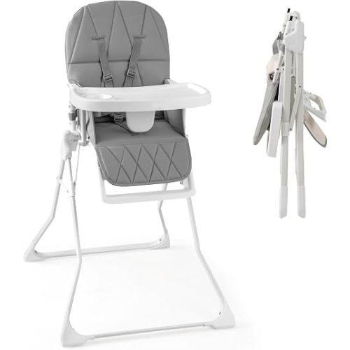 HONEY JOY High Chair, Foldable Baby Feeding Chair, Adjustable Tray & Footrest, Removable Easy-to-Clean PU Seat Cushion, 5-Point Harness, Cup Holder, Highchairs for Babies and Toddlers (Gray)