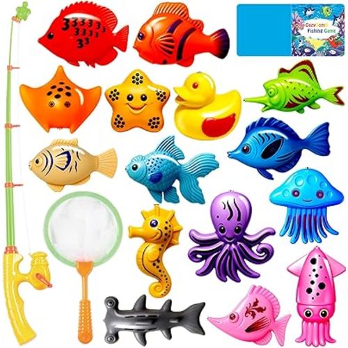 CozyBomB™ Magnetic Fishing Toys Game Set for Kids | Water Table Bathtub Kiddie Pool Party Pole Rod Net, Outdoor Plastic Floating Fish, Toddler Bath Color Ocean Sea Animals Birthday Gift Age 3-5 6 4-8