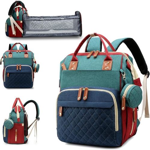 Diaper Bag with Changing Station, Waterproof 3 in 1 Diaper Backpack with Foldable Changing Pad, Baby Registry Search &Baby Shower Gifts - Newborn Essentials, Red-Green-Blue