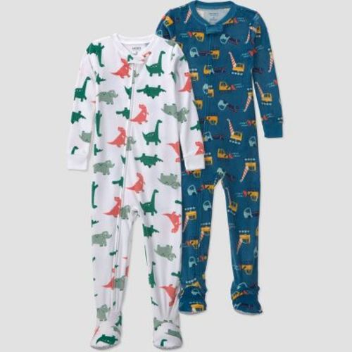 Carter's Just One You® Baby Boys' 2pk Construction & Dinos Long Sleeve Velboa Footed Pajama Set - Blue/White 12M