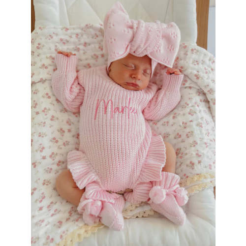 Personalised Pink Knit Frill Baby Announcement Romper | Penny and Co – Penny and Co Collections