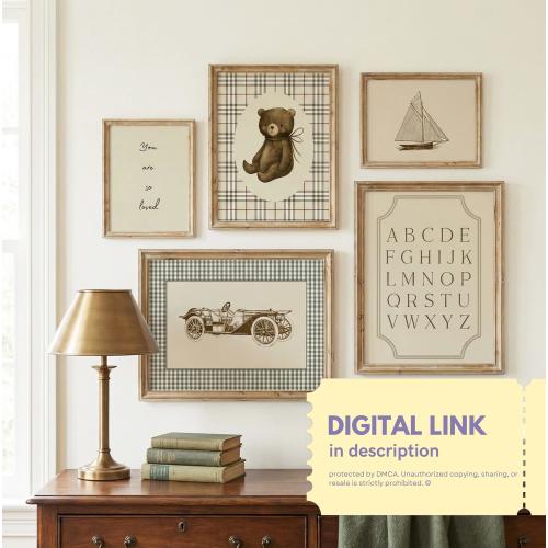 Set of 5 Neutral Nursery Art Prints: Vintage teddy Bear, Car and Alphabet