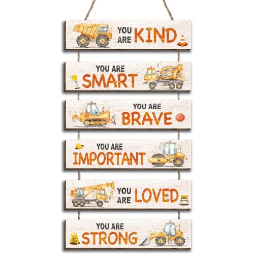 6 Pcs Construction Truck Decor Kids Room Decor, Construction Truck Positive Quotes Wall Art Decor Hanging Plaque Sign for Teens Bedroom Toddler Room, Works of art Made of Wood, Placards of Wood