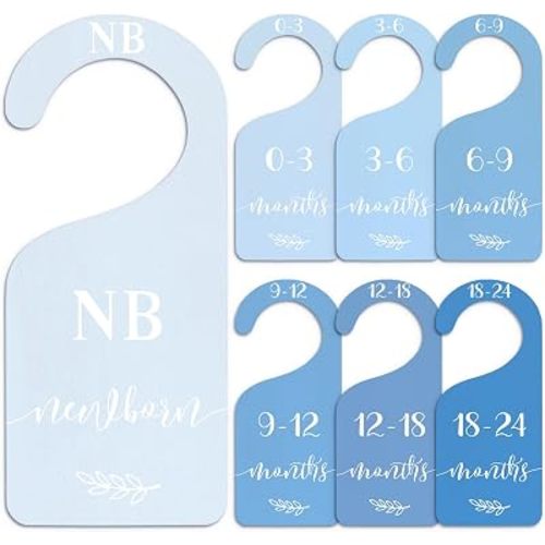 Whaline 7 Pcs Blue Wood Baby Closet Size Dividers with Velvet Bag Newborn to 24 Month Thicken Infant Wardrobe Hanger Organizers for Home Nursery Party Favors Supplies
