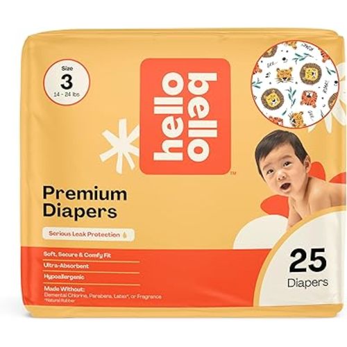 Hello Bello Diapers, Size 3 (14-24 lbs) Wild Cats, 25 Count of Premium Disposable Baby Diapers, Hypoallergenic with Soft, Cloth-Like Feel