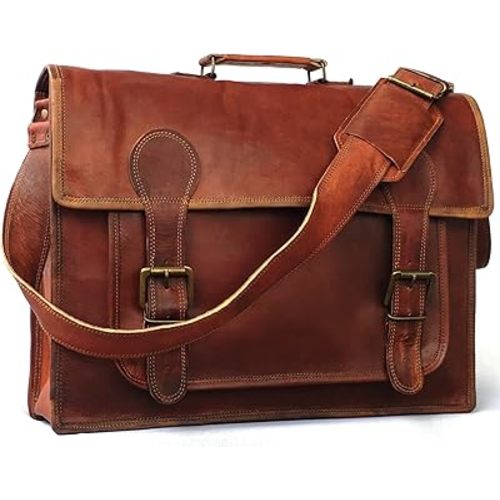 18 Inch Vintage Handmade Leather Travel Messenger Office Crossbody Bag Laptop Briefcase Computer College Satchel Bag For Men And Women