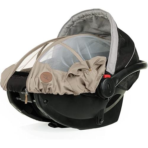 PETIT COULOU Summer Baby Car Seat Cover - Insect Net with Removable UPF 50 Sun Shade & Patented Structural Support – Protects Against Rain, Sun, Bugs & Wind - Water Repellant & Breathable (Biscotti)