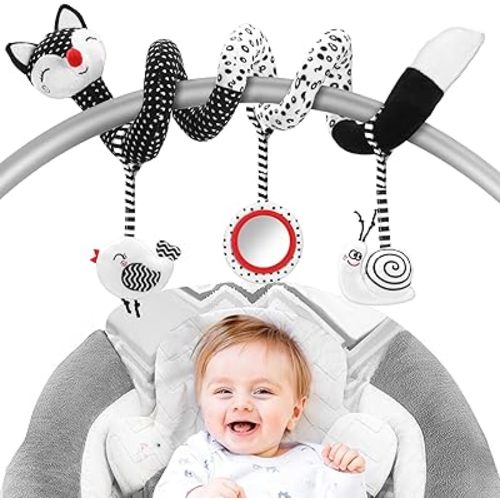 DFQiQiQinH Black and White Car Seat Toy for Babies 0-6 Months | High Contrast Newborn Essentials Baby Toys | Sensory Stroller & Crib Toy with Secure Attachment-Ideal Baby Essentials