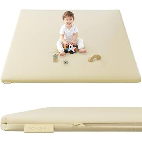 COMOMY Vegan Leather Baby Play Mats for Floor, 50 x 50 Play Mat for Playpen, Thickened High-Density Foam Playmats for Babies and Toddlers - Extra Soft and Resilient, Easy to Wipe Clean, Ivory