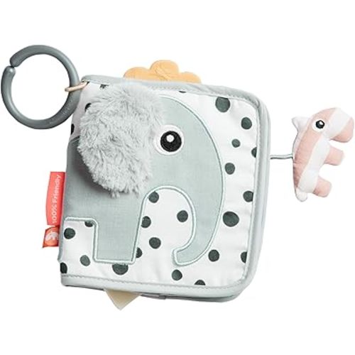 Done by Deer Elphee Grey Baby Activity Book - Soft and Safe Toy with Elephant and Contrasting Patterns, Mirror, Teether, and Crinkle Sounds for Sensory Stimulation and Exploration - Baby Crinkle Book