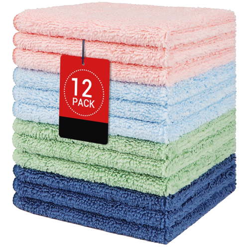12 Pack Soft Microfiber Washcloths, Quick Dry Face Body Towels, Multi-Use Cleaning Cloths for Hotel Kitchen Car Care, Durable and Lint-Free, Multicolor 12x12