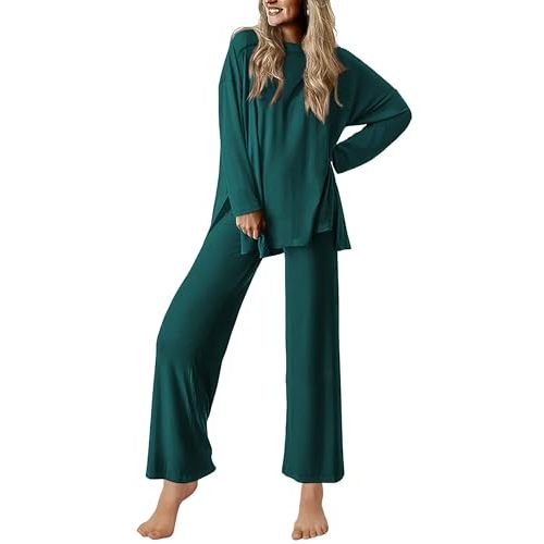 Ekouaer Lounge Sets for Women Long Sleeve Pajamas Fall Loungewear | Soft Comfy Pjs,Two Piece Travel Airport Outfits Set,Lightweight Sleepwear,Side Slit Loose Fit Top&Wide Leg Pants with Pockets