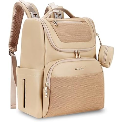 Large Leather Diaper Bag Backpack, Baby Travel Bag with Changing Pad, Insulated Pockets, Stroller Straps and Pacifier Case, Water-Resistant Diaper Bag for Mom and Dad, Khaki