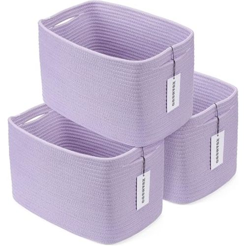 XUANGUO Woven Cotton Rope Storage Baskets 15x10x9.3" 3 Pack Purple Lavender | Decorative rectangular baskets for shelves and closets; storage bins help organize clothes, toys, books and nursery items.