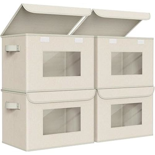 Univivi Collapsible Stackable Storage Bins with Lids [4-Pack] Foldable Fabric Closet Organizer Basket, Closet Organizers and Storage Cube Storage Bin for Home, Office, Bedroom (Beige, 17“ x 12” x 12")