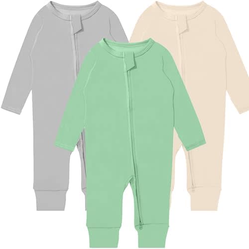 GUISBY Long Sleeve Cotton Pajamas Footless Baby Bodysuits with Zipper and Mittens 3-Pack for Boys Girls