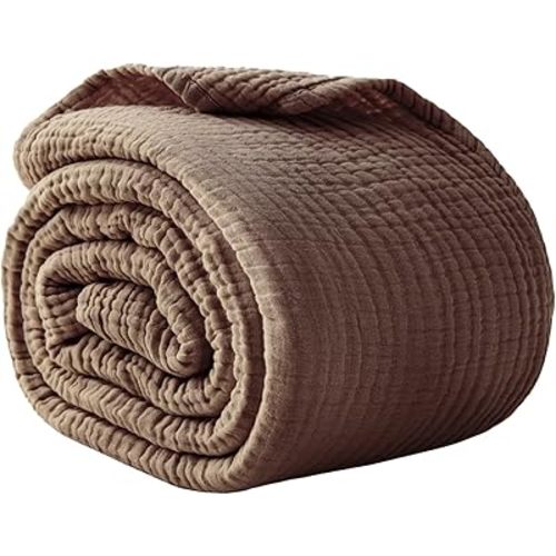 100% Cotton Muslin Blanket Queen 90" x 90", Breathable and Lightweight Cotton Throw Blankets for Bed, Soft Cooling Summer Gauze Blanket for Adults All Season, Tan