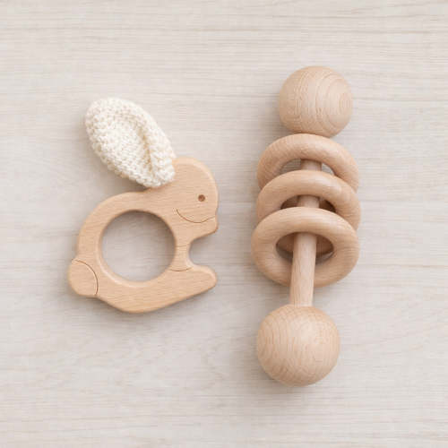 Crochet Crinkle Ears Wooden Bunny Teether + Rattle Set – Olive and Cradle