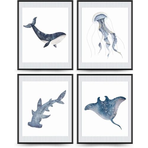 Wheatwin Ocean Room Decor, Beach Nursery Playroom Decor, Baby Boys Room Wall Art Ocean Sea Animal Prints Set of 4, Navy Blue Sea Animal Wall Decor for Toddler Kids Bathroom Room 8x10 Unframed