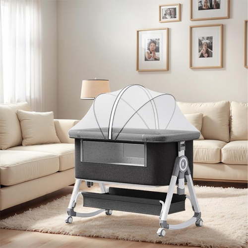 Baby Bassinet Bedside Sleeper 3-in-1, Portable Infant Crib with Wheels, Mosquito Net, Soft Mattress, Breathable Mesh and Large Storage Basket for Newborns