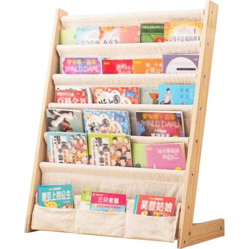 Wooden Bookshelf for Kids Wood Bookrack Canvas Book Storage Shelf Display Bookshelf 6 Tier Kids Book Rack for Bedroom Living Room Playroom Storage Organizer Natural (24.6" L x 11.81" W x 31.10" H)