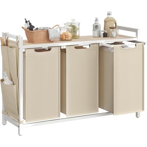 VASAGLE Laundry Hamper with Shelf, 3 Pull-Out Bags, 3 x 10.6 Gallons (40 L)