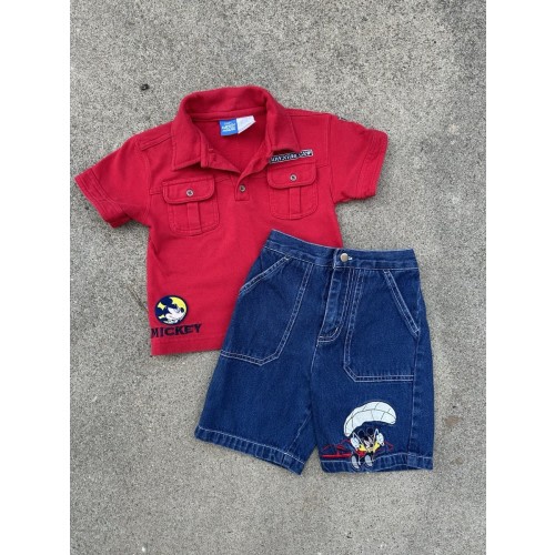 Y2k Mickey Disney Vintage Polo Shirt Denim Set Adventure Camp Baby 3T