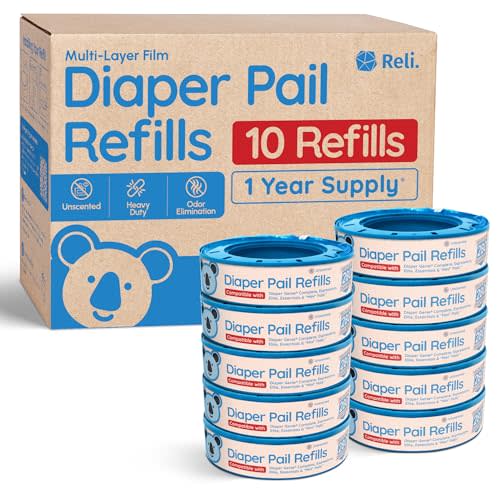 Reli. Diaper Pail Refill Bags, Compatible with Genie Complete, Expressions (10 Pack) Pail Refills Unscented | Odor Blocking, Strong, Easy Replacement | Holds up to 2,800 Newborn Diapers