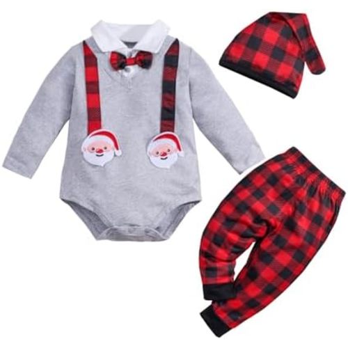3PCS Baby Santa Christmas Cotton Bodysuit + Pants + Hat Outfits Costumes Newborn Xmas Long Sleeve Romper Winter Clothes