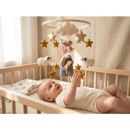 Nativity Baby Mobile, Felt Christmas Crib Mobile, Holy Family Nursery Decor, Angel Star Sheep Mobile, Christian Baby Gift, Neutral Nursery